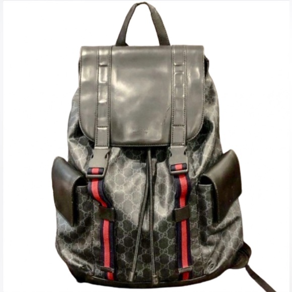 GUCCI GG Supreme Black Canvas Leather Double Navy Red Buckle Backpack w/ COA - Picture 1 of 17